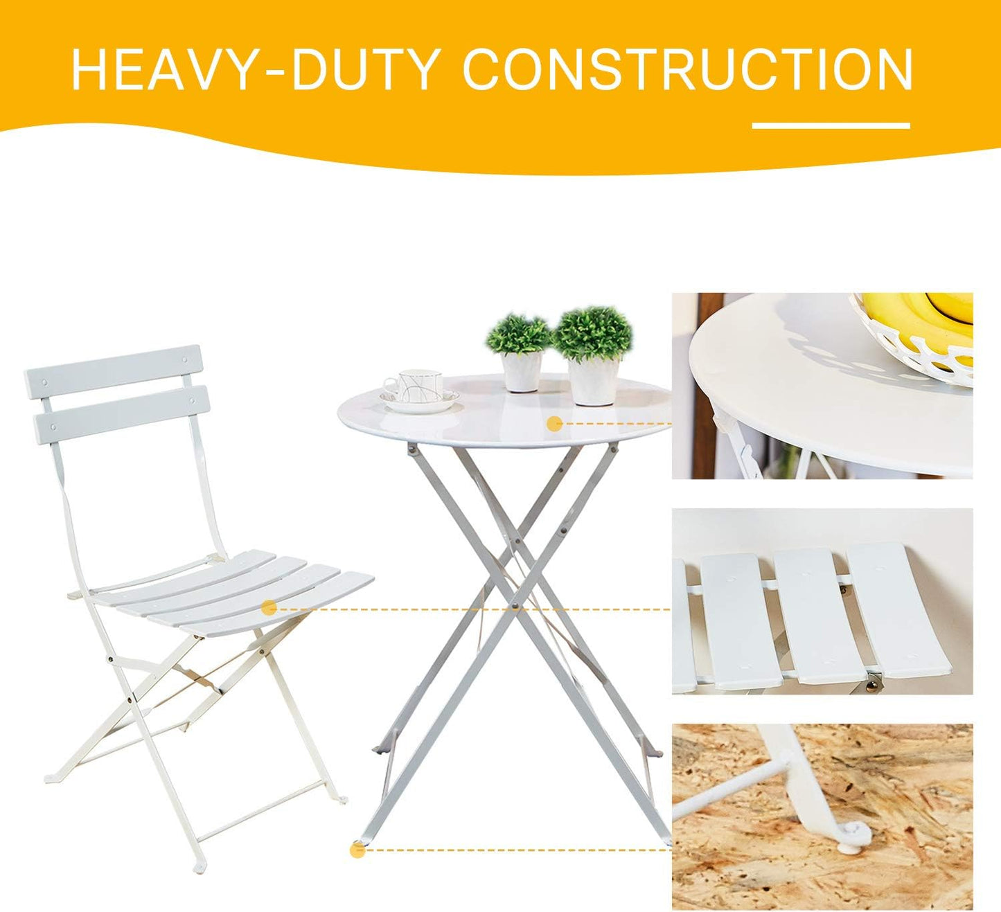 Grand patio 3-Piece Folding Bistro Set, 2 Chairs and 1 Table, Weather-Resistant Outdoor/Indoor Conversation Set for Patio, Yard, Garden-White