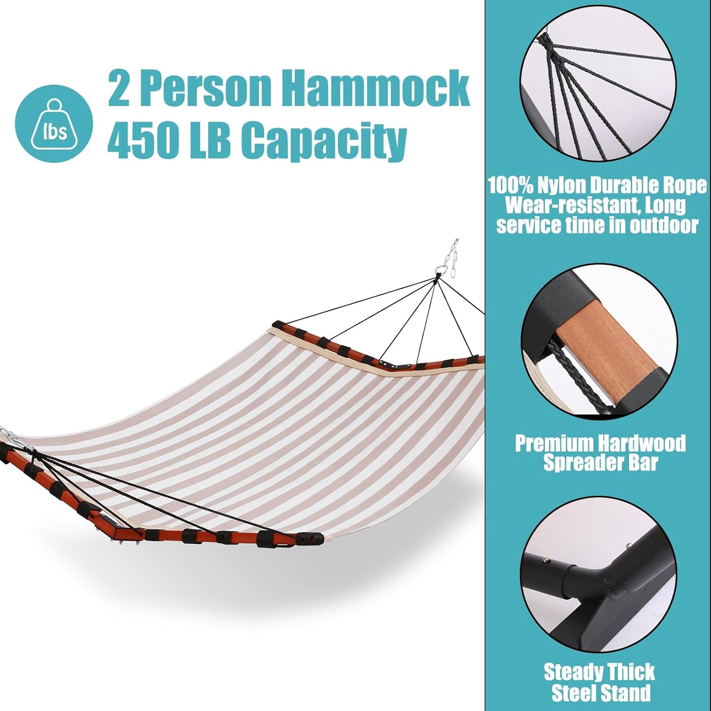 TegerDeger 12FT 2 Person Hammock Large Hammock Quick Dry 450LB Capacity with V Shaped Hardwood Spreader Bar & Nylon Rope for Outside, Patio, Garden, Backyard, Beach, Poolside - Beige Stripes