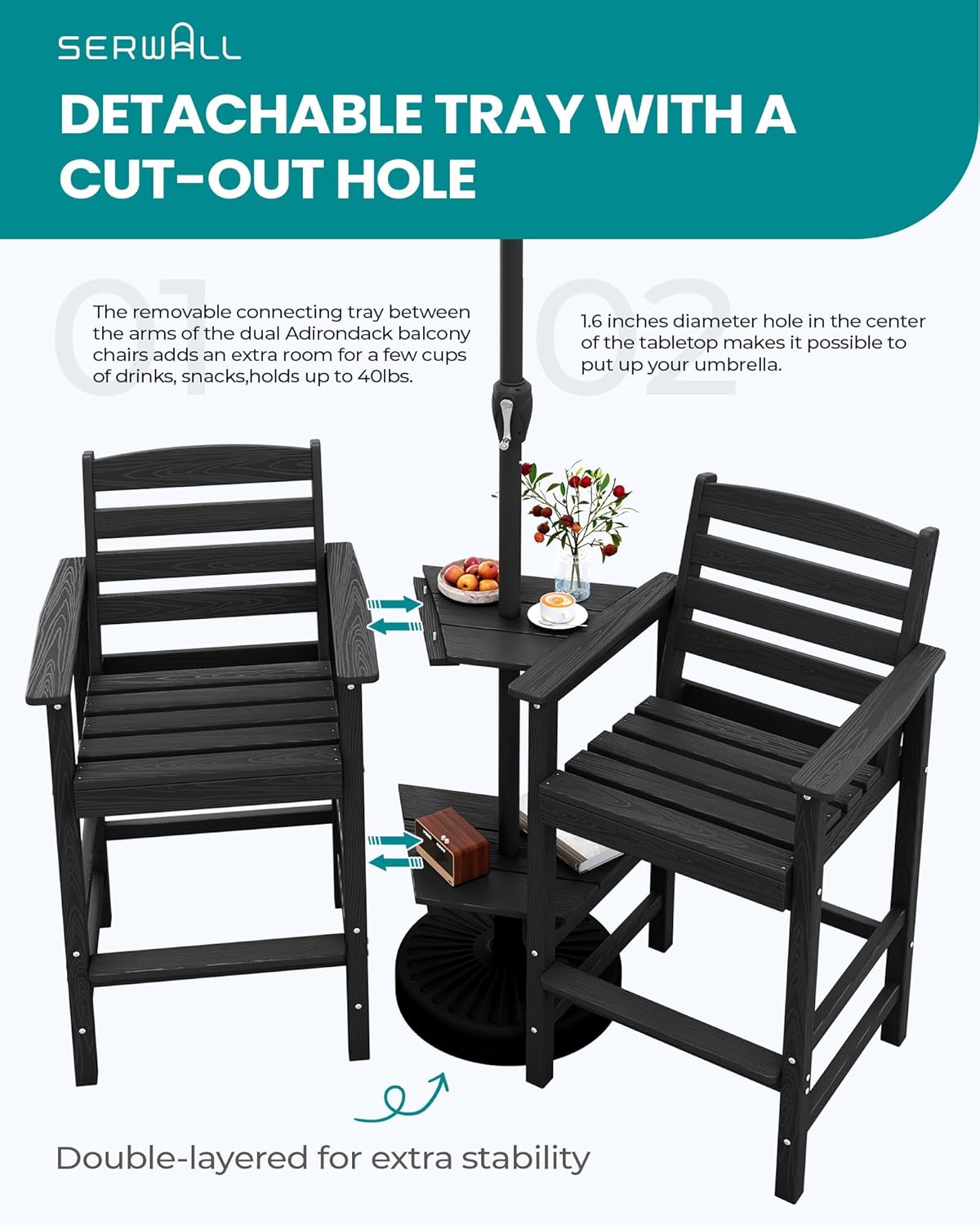 SERWALL Tall Adirondack Chairs Set of 2 with Connecting Table, All Weather Outdoor Barstools, Black