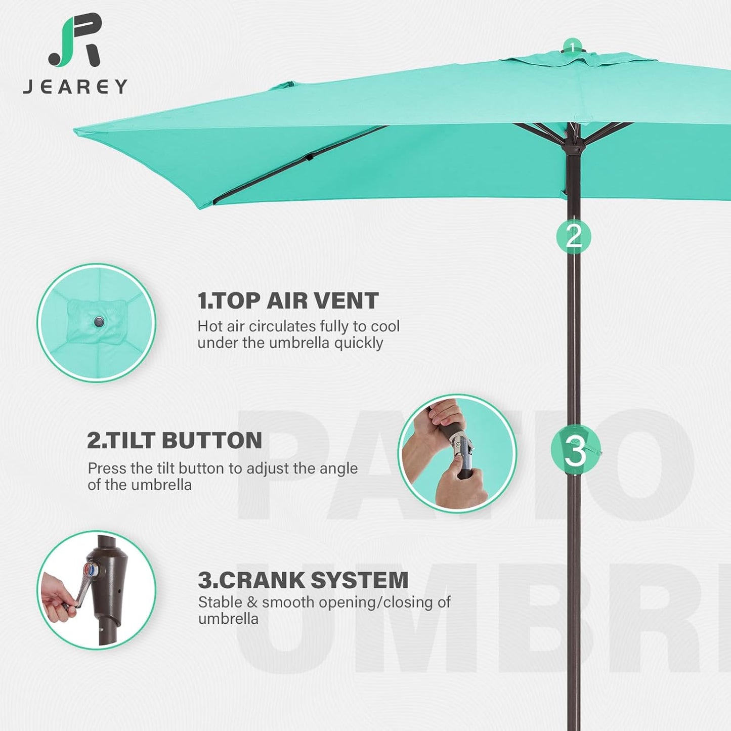 JEAREY 6.5x10 ft Rectangular Patio Umbrellas Outdoor Market Umbrella with Push Button Tilt and Crank, Rectangle Table Umbrella 6 Sturdy Ribs UV Protection for Pool Garden Backyard Deck, Aqua Sky