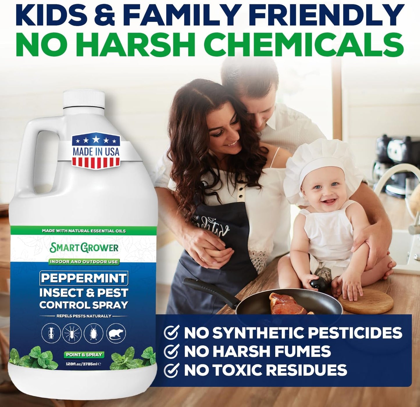 All Natural Peppermint Oil Insect & Pest Control Spray Repels Mice, Spiders, Ants, for Home, Indoor, Outdoor, Garden Maximum Strength Smart Grower Ready to Use 128 FL OZ