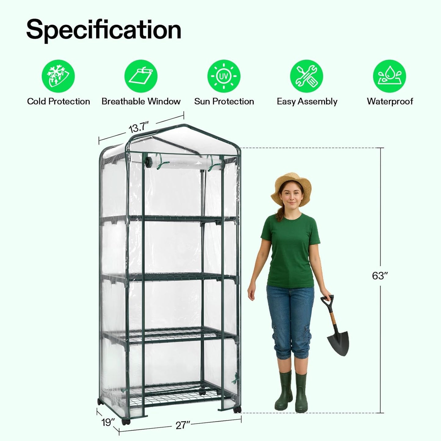 VIVOSUN Mini 4-Tier Greenhouse with Wheels, 27 x 19 x 63-Inch Reusable Portable Warm House with Clear PVC Cover and Shelf for Compact Garden and Small Backyards, with Wheels