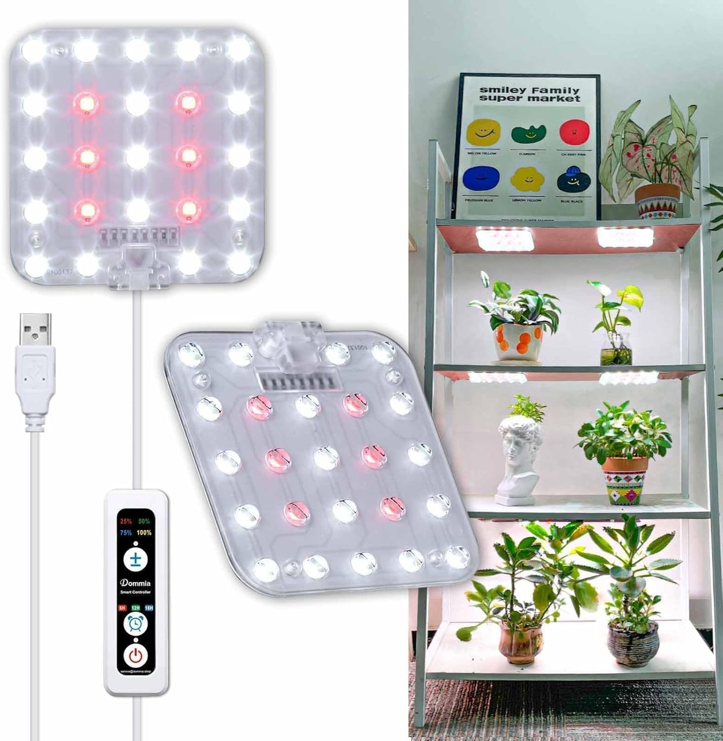 DOMMIA Grow Light,Full Spectrum Plant Light Panel with 6/12/16H Auto On/Off Timer, 4 Dimmable Levels, Suitable for Hydroponics, Seedlings, Succulents, Veg, Flowers & More(No Adapters)