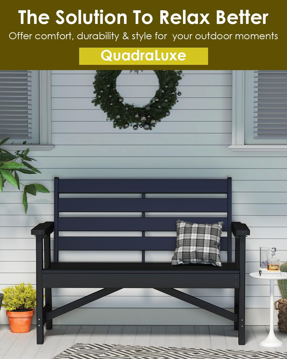 GREENVINES Outdoor Bench | 51.5’’ | HDPE | Garden Benches | Weatherproof | for Outdoors Patio Park Porch Outside Backyard | 2-Person | Black