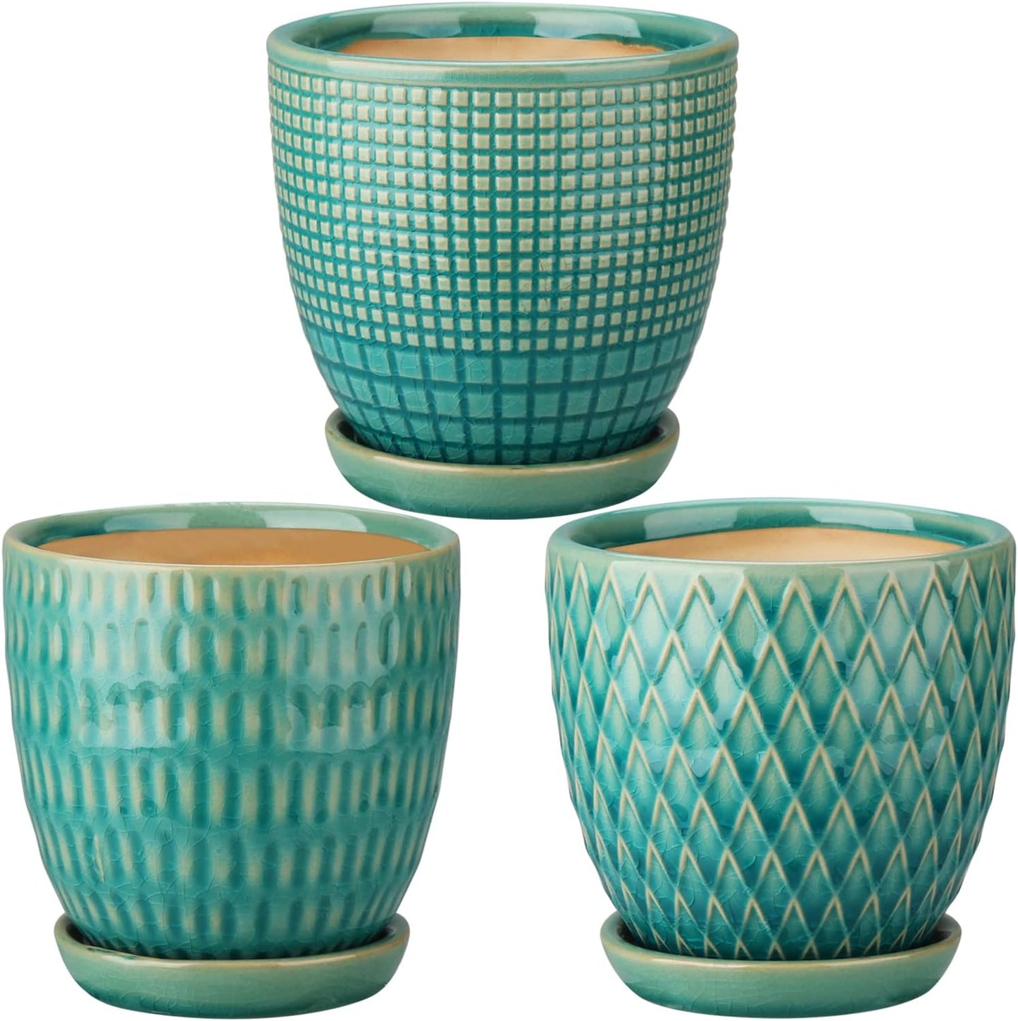 Oairse 4 inches Ceramic Planters Pots for Indoor Plants 3 Set of Small Round Flower Pots with Drainage Hole and Ceramic Tray Modern Planters Set for Succulents Cactus Garden Home Windowsill Table