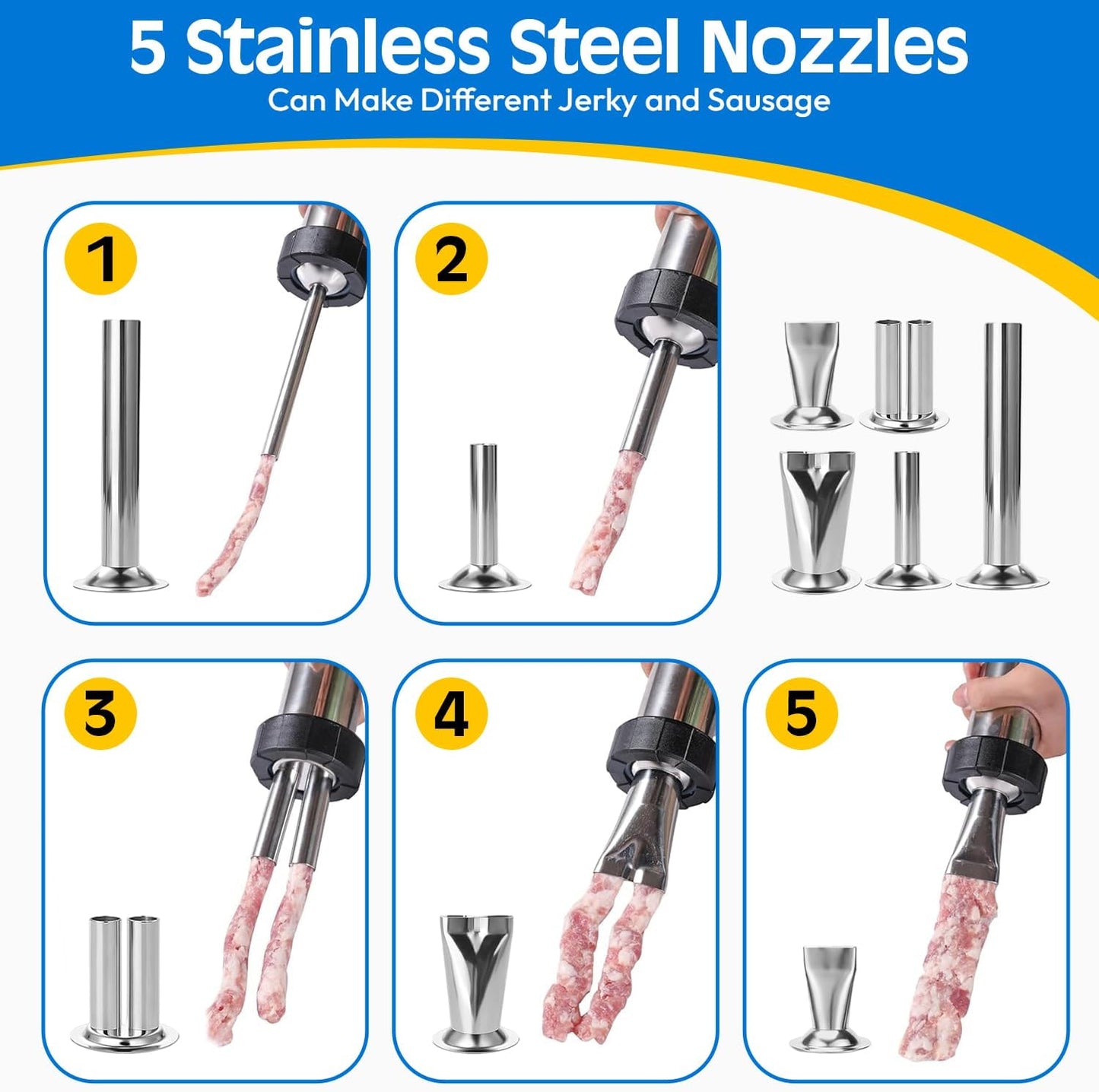 Professional Jerky Gun Kit – Stainless Steel Beef Meat Maker Machine with 5 Nozzles, 1 Meat Pusher, 5 Cleaning Brushes (2 Sets), Sausage Shooter Accessories & Bonus Pair of Gloves