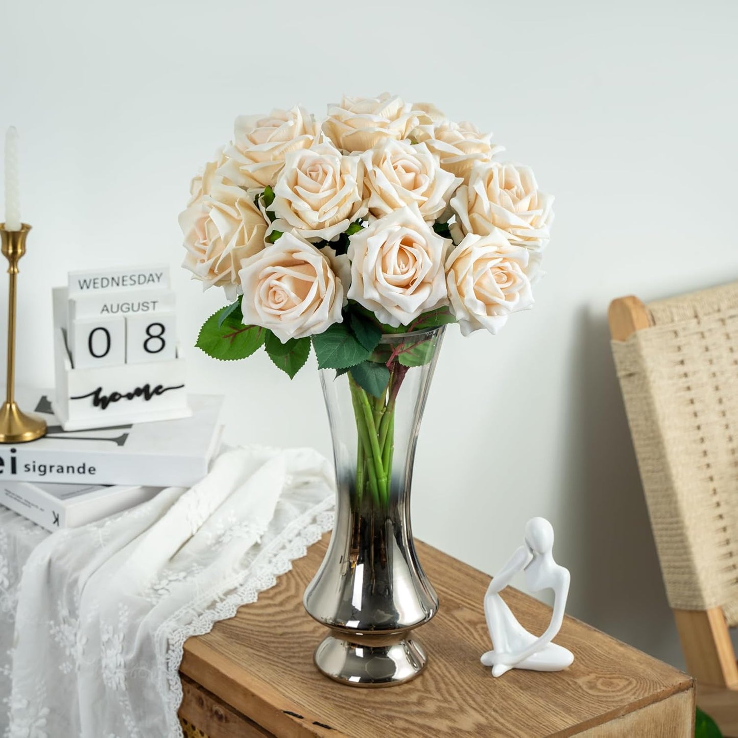 Fake Roses Faux Flowers 12PCS Silk Roses Artificial Roses with Stems Realistic Artificial Flowers Suitable for Indoor Home Decoration DIY Bouquet Wedding Decor Party Decor 16.5In (White)