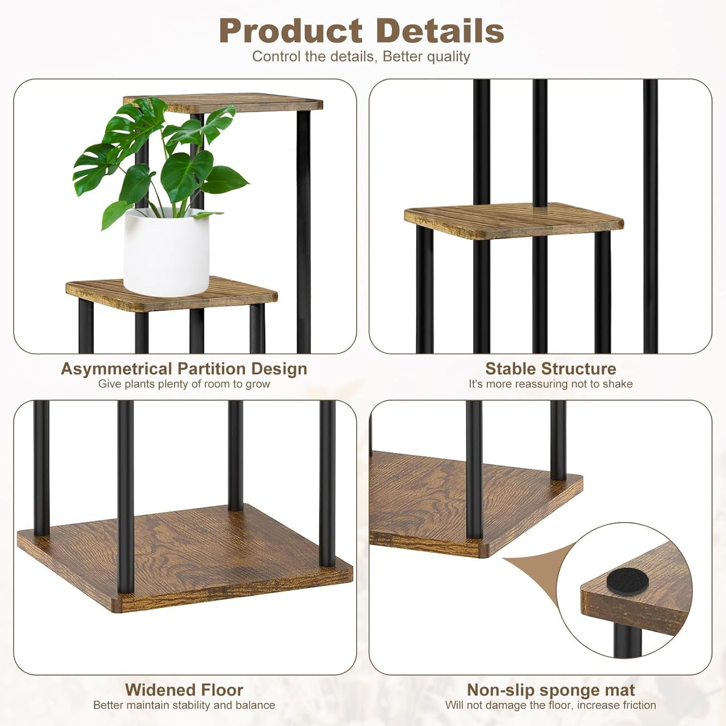 4 Tier Wood Tall Plant Stand Metal Rack Indoor, Multiple Flower Pot Holder Shelves Corner Rack, Planter Shelf Display Rack Storage Organizer for Patio Living Room Balcony Garden(Black)