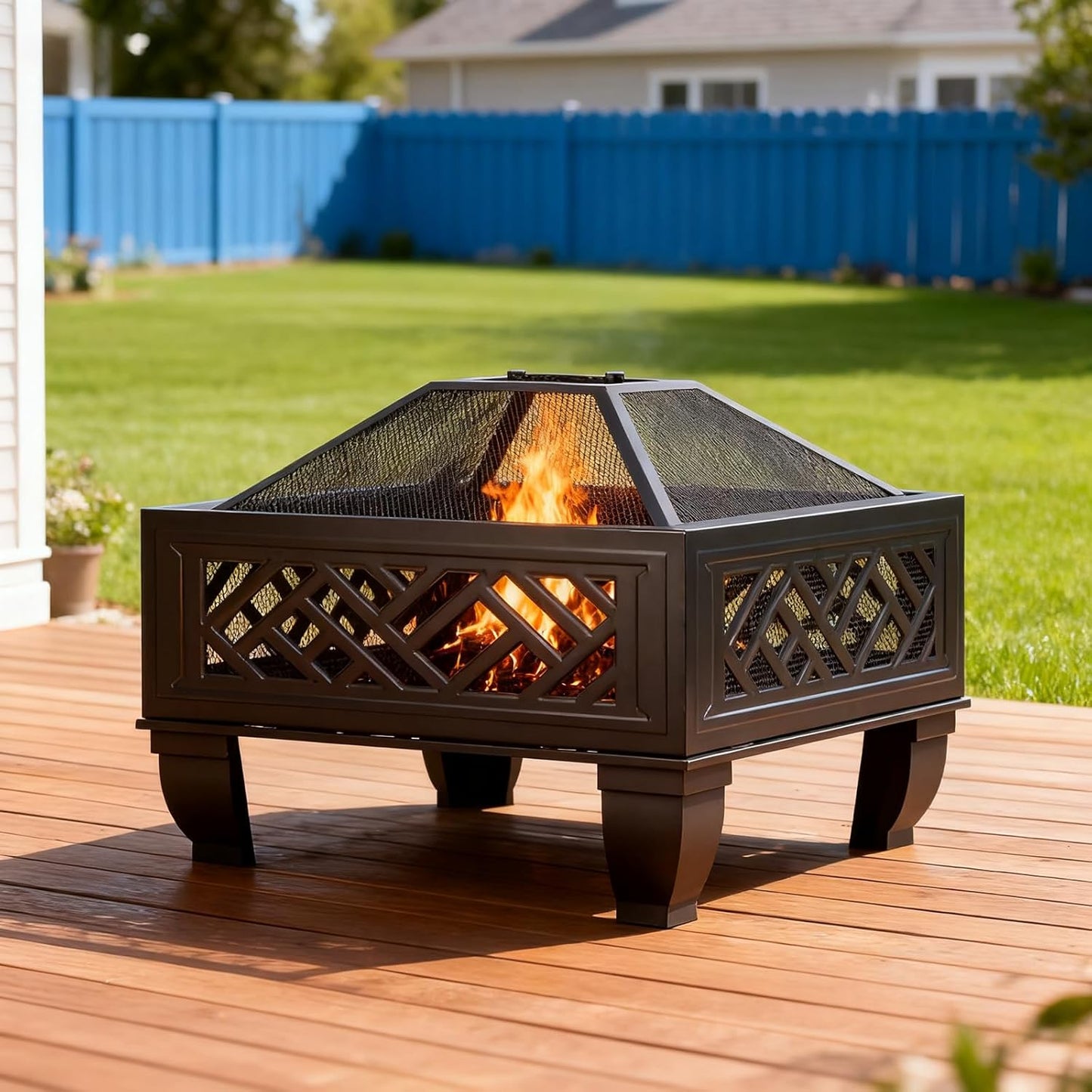 Breezz Update Version 26 Inch Wood Burning Fire Pit with Cooking Grill and Spark Screen, Outdoor Metal Firepit for Patio, Backyard, Bonfire Party, Camping and Garden