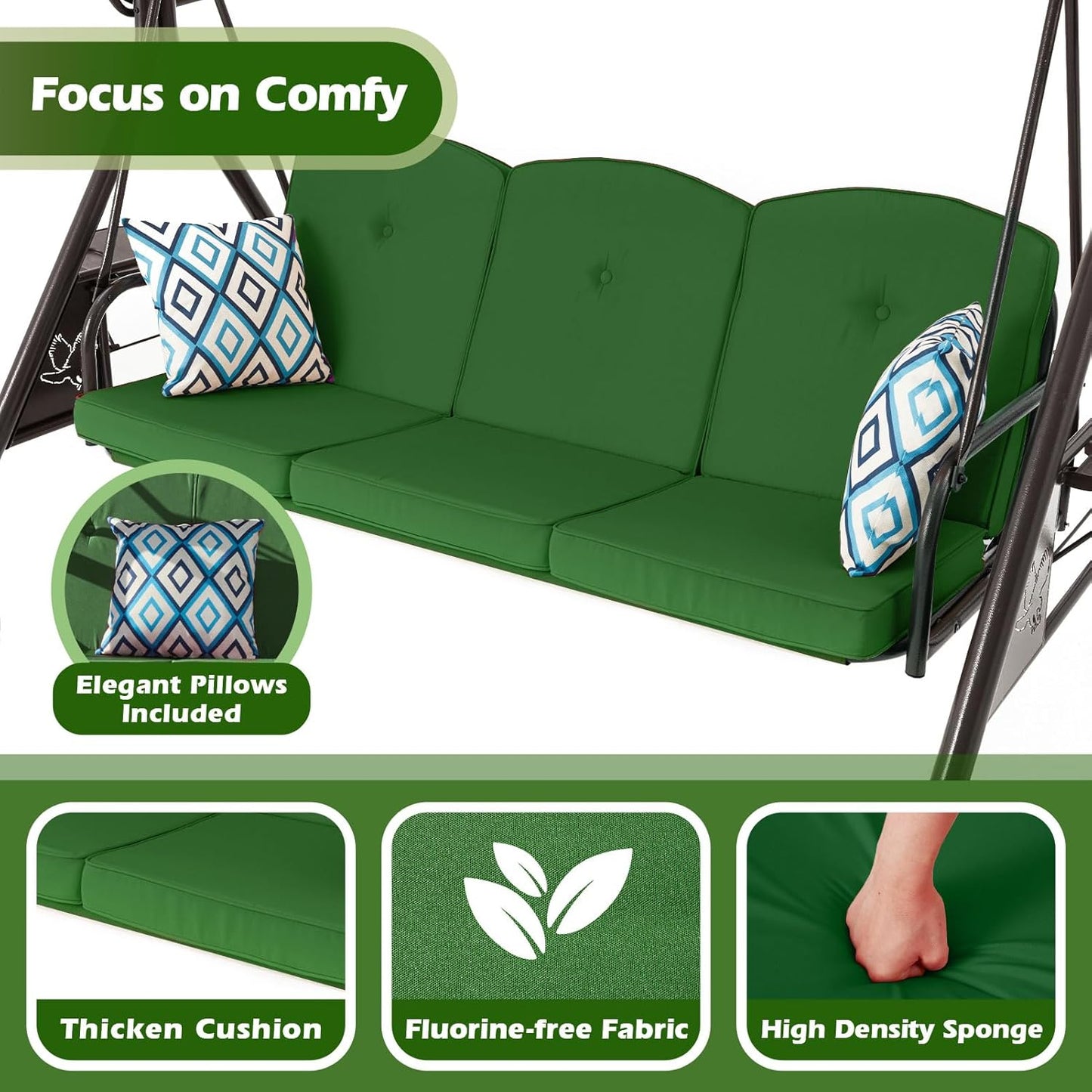 800LBS Patio Swing with Canopy 3 Seat Outdoor Porch Swing with Stand w/Cup Holder & Pillow Glider Chair Swing Bed for Patio Backyard Poolside (Green)