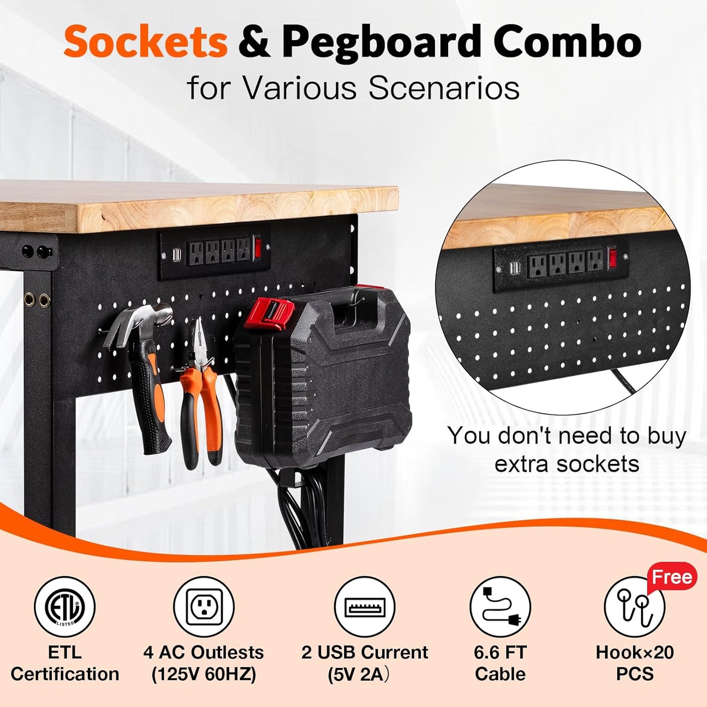 Adjustable Height Work Bench 48×24 Workbench for Garage with Under Table Shelf Heavy Duty Rubber Wood Work Table for Shop Woodworking, Office, Home, Commercial