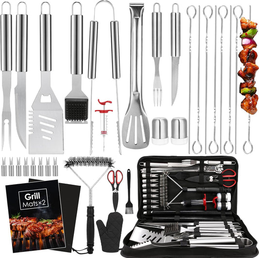 Yoehka BBQ Grilling Accessories Set, 34Pcs Heavy Duty Grill Tools for Outdoor Camping, Grilling Gifts for Men Dad, Stainless Steel Barbecue Utensils Kit with Mats and Glove in Carrying Bag, Silver
