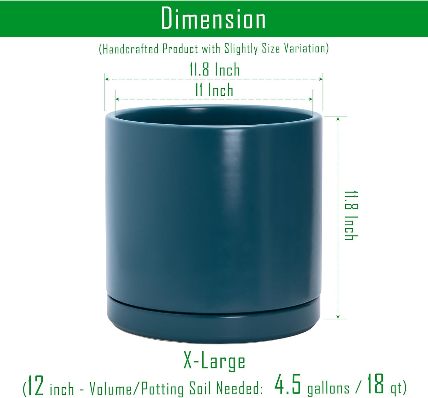 D'vine Dev 12 Inch Ceramic Planter Pot with Drainage Hole and Saucer, Indoor Cylinder Round Planter Pot, Teal, 94-O-F-9