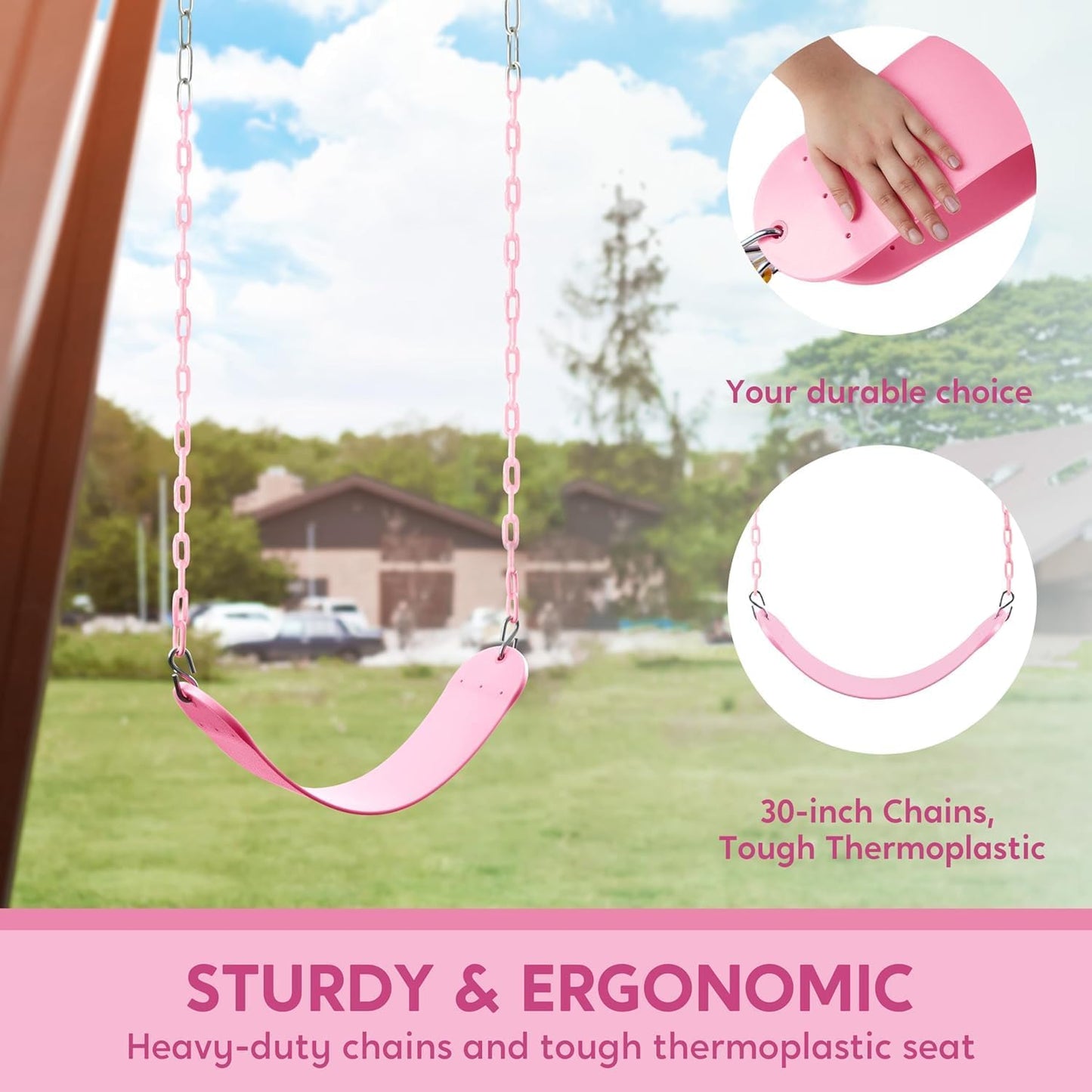 TURFEE Heavy Duty Swing Seat Pink Color with 66” Chain, Swing Set Accessories Replacement with Snap Hooks for Kids Outdoor Play Playground