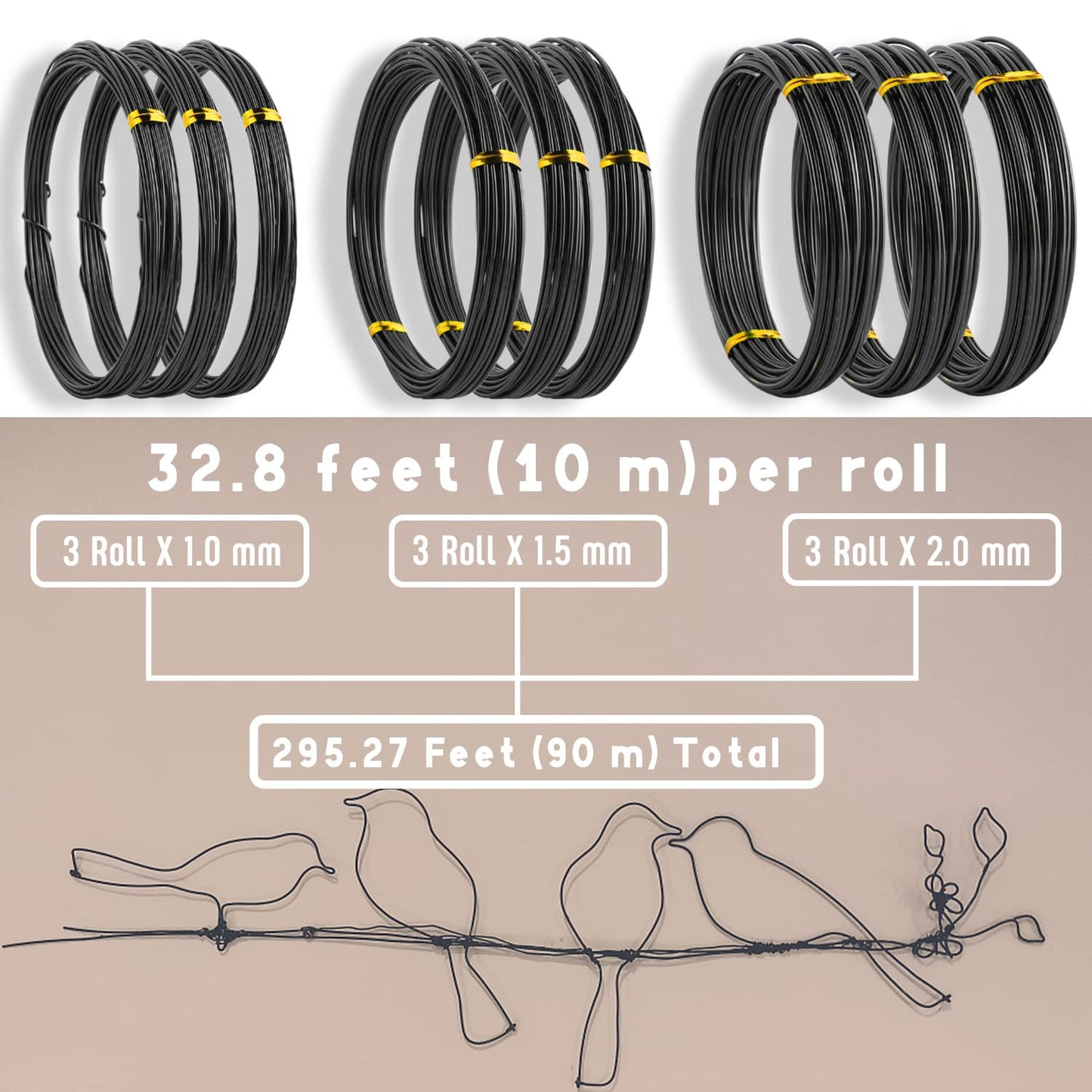Sanlykate Bonsai Training Wire Kit, 9 Roll Tree Training Wires 295.27 Feet Total, 1.0mm, 1.5mm, 2.0mm Anodized Aluminum Wire Set, Hold Plant Branches Trunks - Black