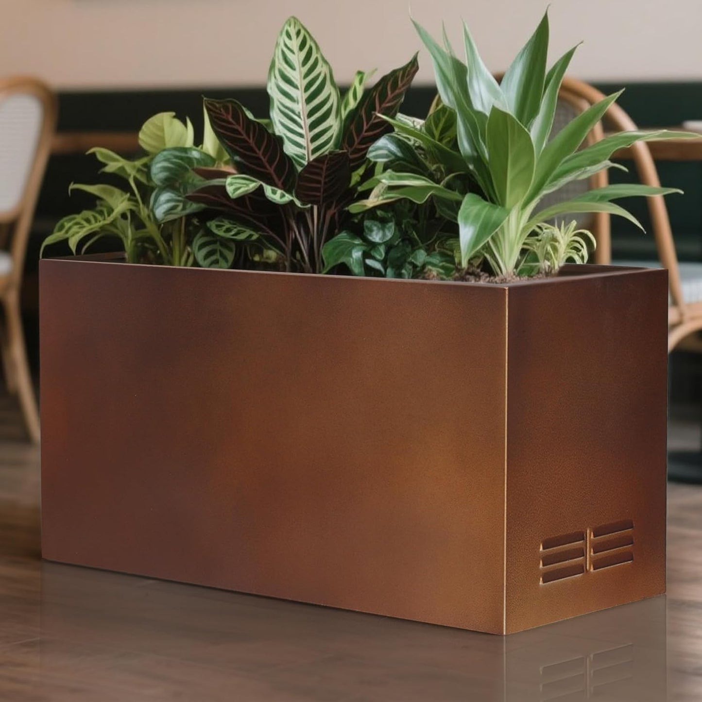 Worth Garden Metal Planter Box - 30" L x 11" W x 13" H Matte Bronze Heavy Duty Large Rectangular Steel Modern Plant Pot, Indoor Outdoor - Insert Plate with Drain Holes, Air Vents, No Assembly Required