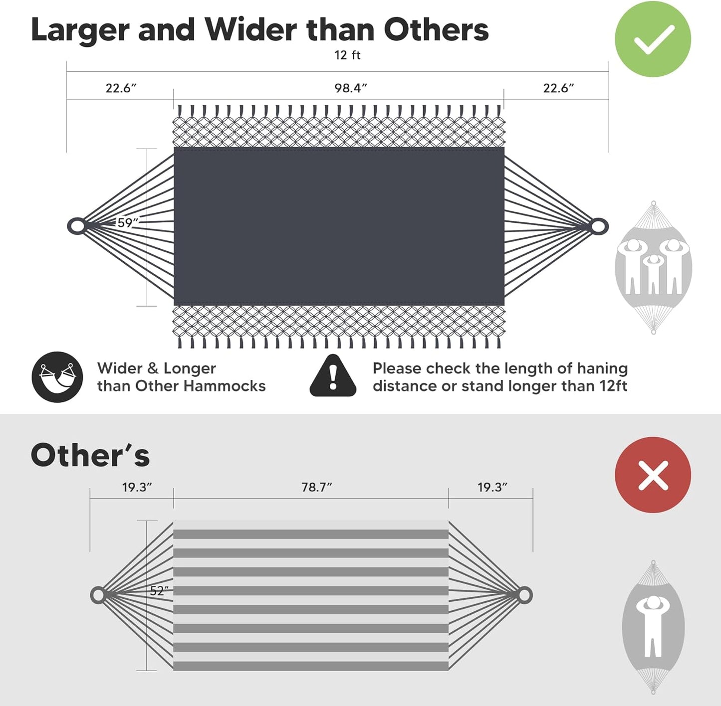 SUNCREAT Extra Large Double Hanging Hammock for Camping, Hammocks for Outside 2 Person Heavy Duty, Dark Gray with Tassels