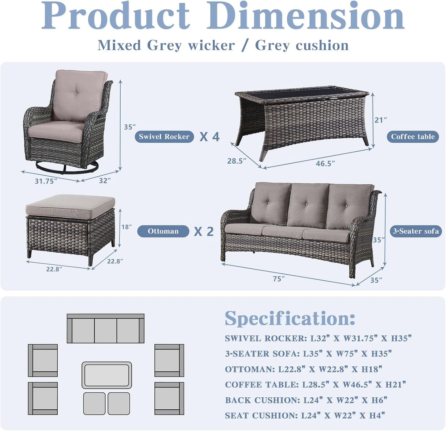 Wicker Patio Furniture Sets - 8 Piece Outdoor Rattan Furniture Conversation Sets with 4 Swivel Rocker Chairs, Rattan Sofa, Wicker Ottomans and Coffee Table, Mixed Grey/Grey