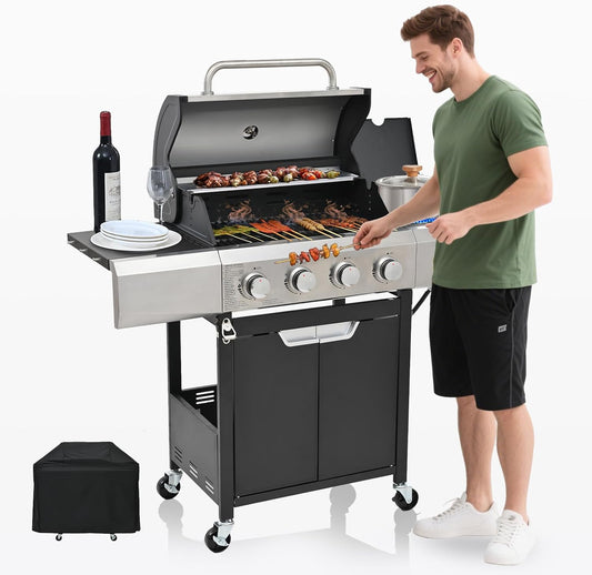 4-Burner Propane Gas BBQ Grill with Side Burner, Porcelain-Enameled Cast Iron Grates and Grills Cover, 51,000 BTU Stainless Steel Grill for Outdoor Camping Barbecue Grilling Backyard Cooking