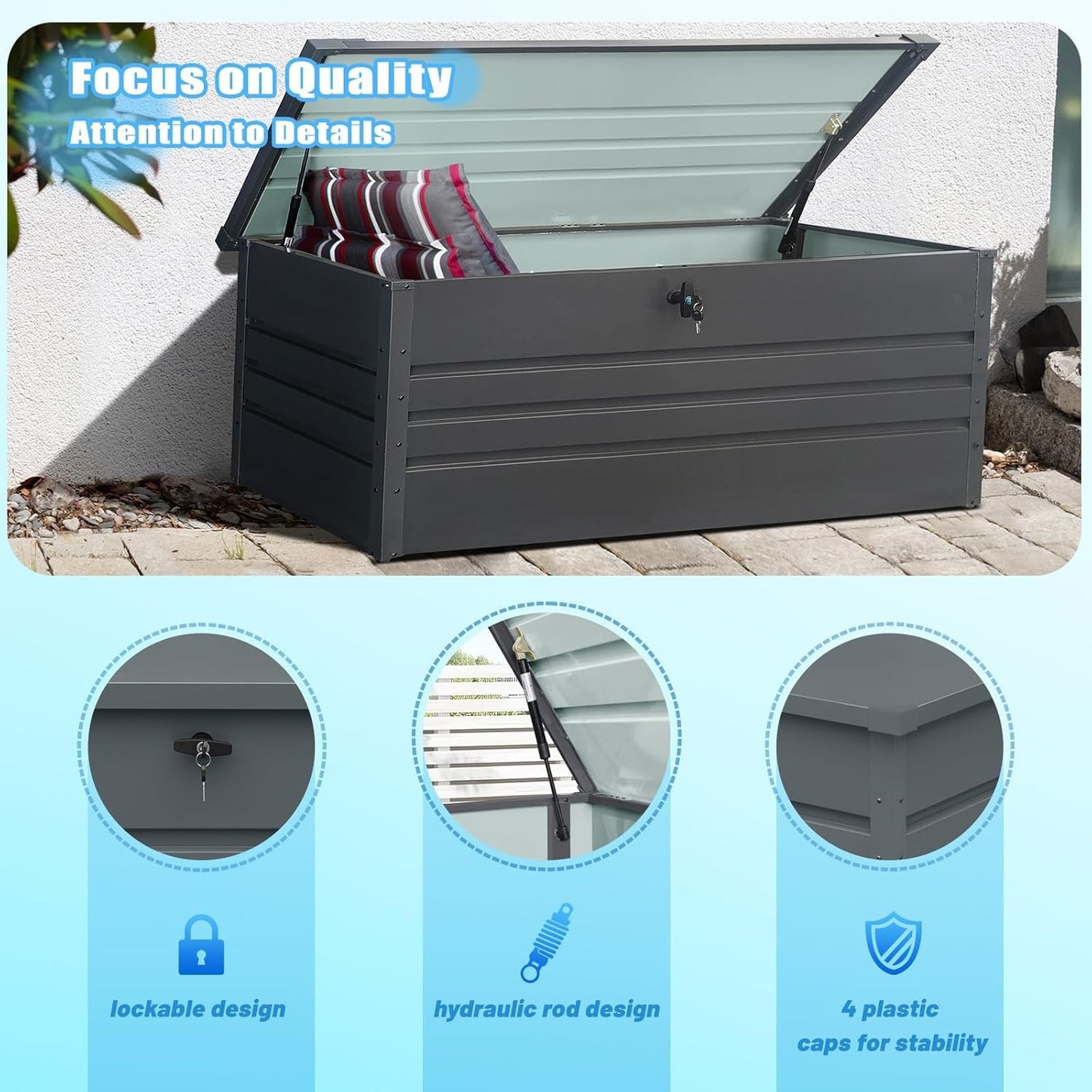 260 Gallon Waterproof Outdoor Storage Box, Extra Large Outside Metal Deck Storage Box for Patio Cushions, Garden Tools, Pool Supplies