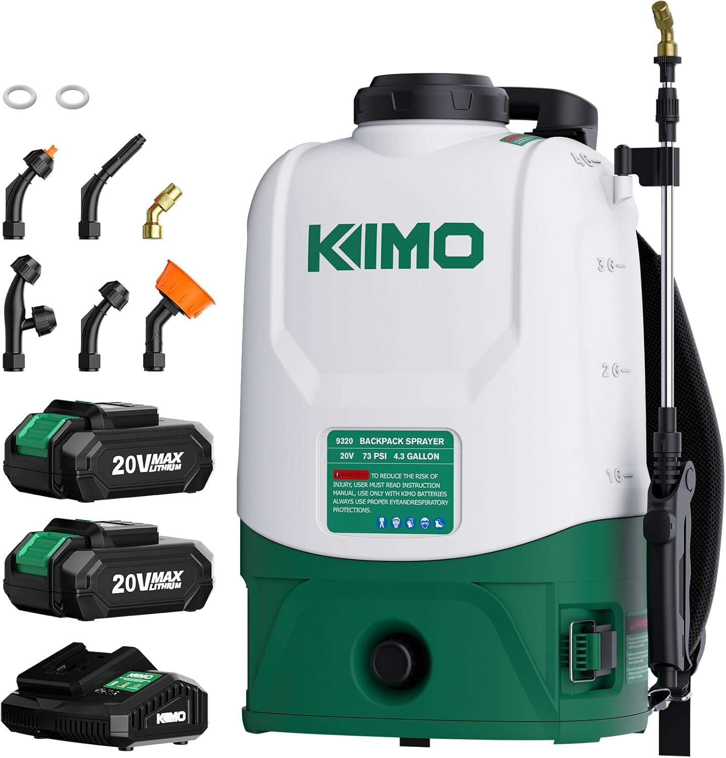KIMO 4.3 Gallon Battery Powered Backpack Sprayer, 2PCS 20V 2.0Ah Battery & Fast Charger, 31" Telescopic Wand, 6 Nozzles, No Pump Needed, 0-73 PSI Electric Garden Sprayer for Weed, Lawn, Yard, Cleaning