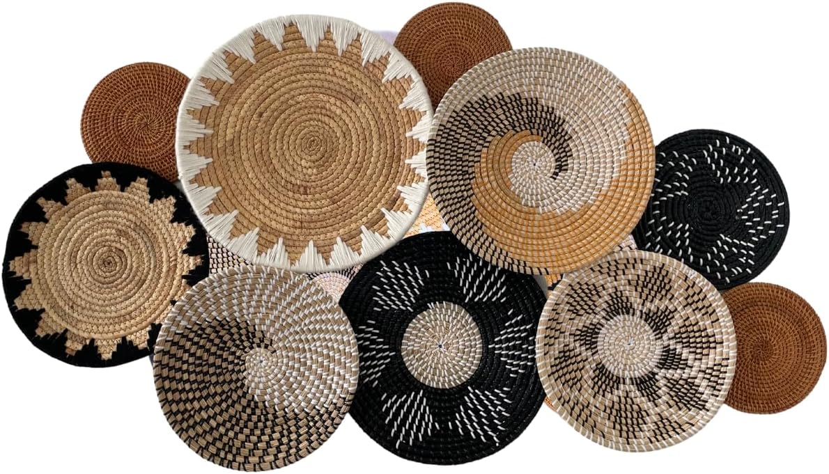 Set of 10 Handcrafted Boho Wall Basket Decor, Wall Hanging Baskets, Decorative Plates for Wall, Handmade from Vietnam Unique Wicker Wall Art Decor