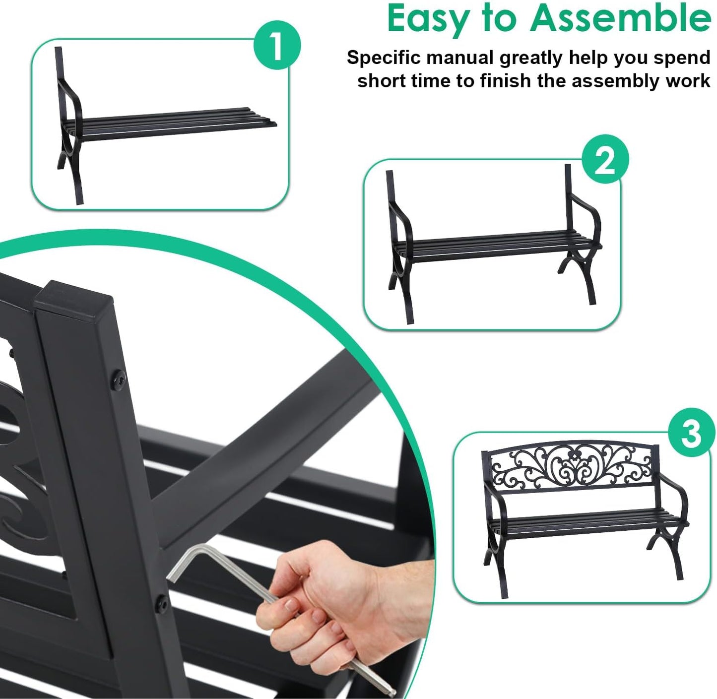 FDW Outdoor 50 Inches Garden Bench, Slatted Seat Armrests Floral Design Backres and Arch Legs, Perfect for Park, Yard, Porch, Lawn, Balcony, Backyard, Black