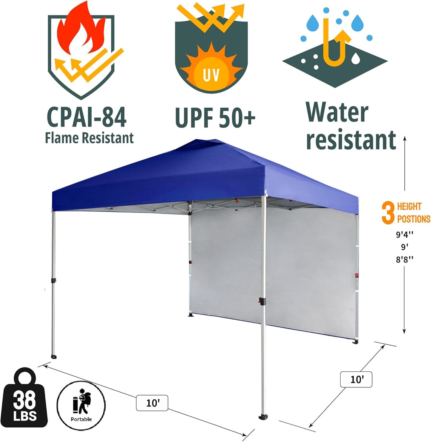 CROWN SHADES 10x10 Pop Up Canopy with 1 Side Wall - Beach Tent with One Push Setup - Outdoor Sun Shade for Events, Parties, Camping - Gazebo with STO-N-Go Cover Bag (Navy Blue)