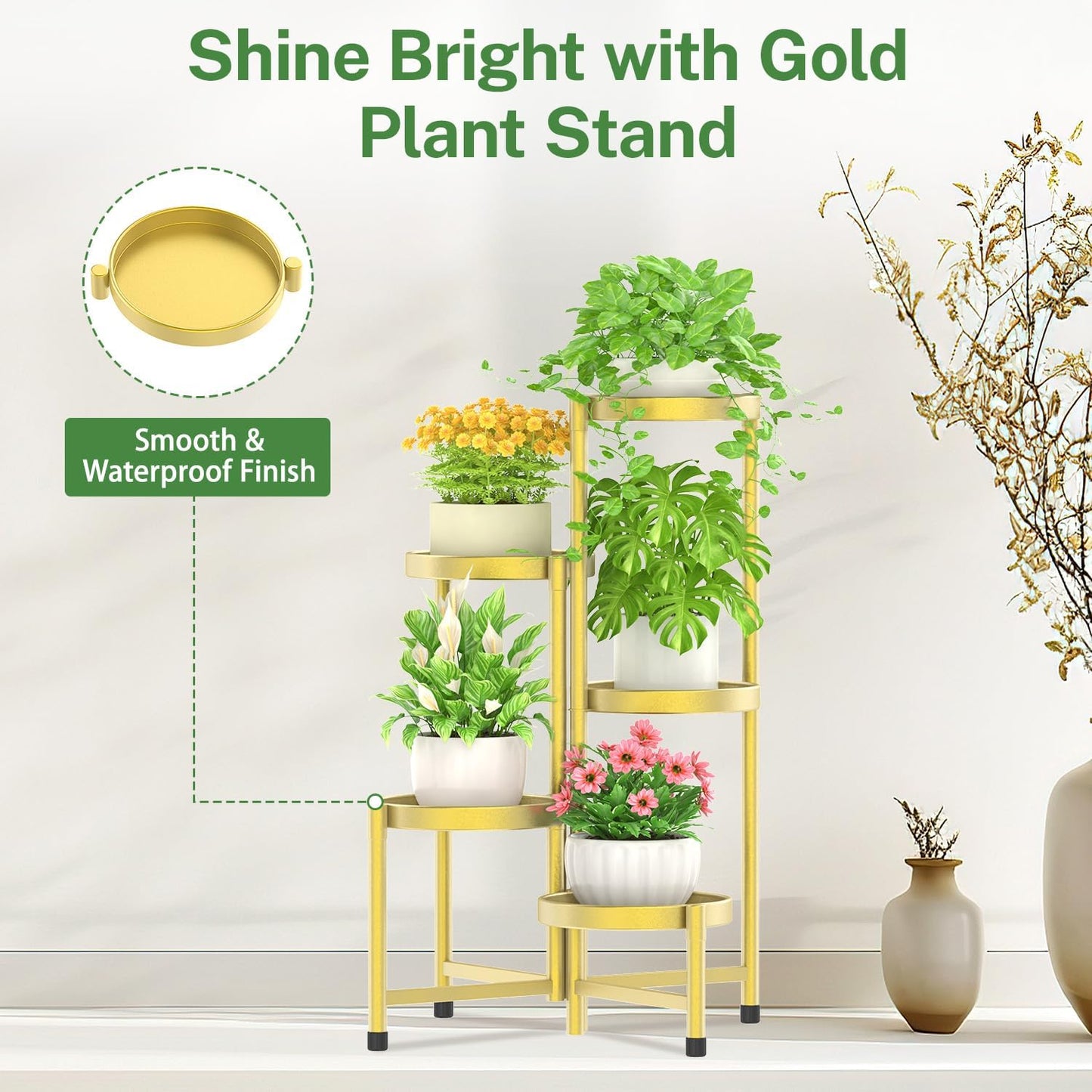 iDavosic.ly Plant Stand Indoor Outdoor, 5 Tier Corner Metal Flower Display Holder Shelf, Folding Tall Orchid Rack for Patio Balcony Porch Garden Living Room House, Gold