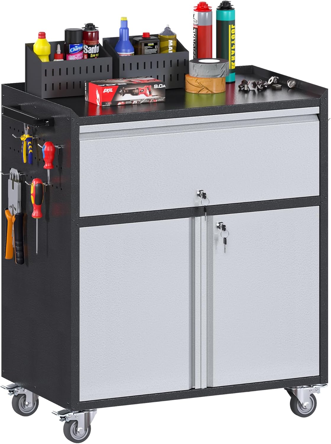 Metal Storage Cabinet on Wheels with 1 Drawer, Rolling Steel Garage Tools Cabinet with Side Pegboard &4 Hooks & 1 Adjustable Shelf for Garage,Shop,Home,Gray/Black, Assembly Required