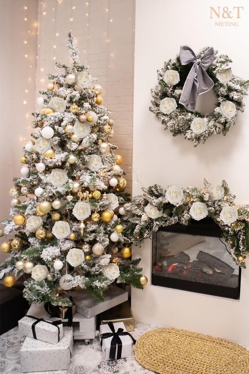 N&T NIETING Artificial Flowers Glitter Roses Flowers 25pcs White Foam Shiny Roses Real Looking Fake Roses with Stem for DIY Wedding Bouquets Centerpieces Bridal Shower Party Home Decorations