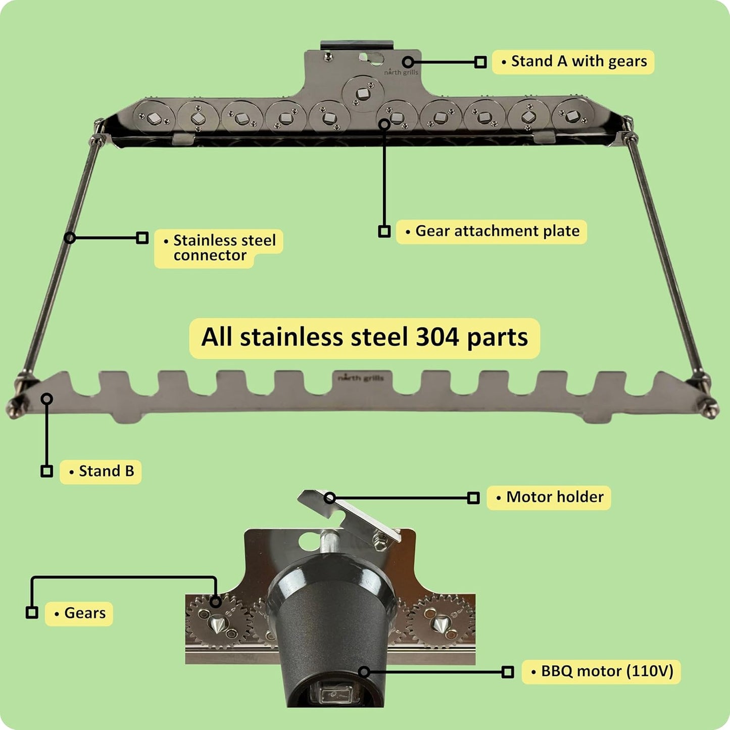 𝗦𝗽𝗶𝗻 𝗚𝗿𝗶𝗹𝗹 Add-On for Charcoal 𝗞𝗮𝗯𝗼𝗯 𝗚𝗿𝗶𝗹𝗹 – Automatic 10-Skewer Rotating System with BBQ Motor. Only works with 𝗞𝗮𝗯𝗼𝗯 𝗚𝗿𝗶𝗹𝗹 by North Grills.