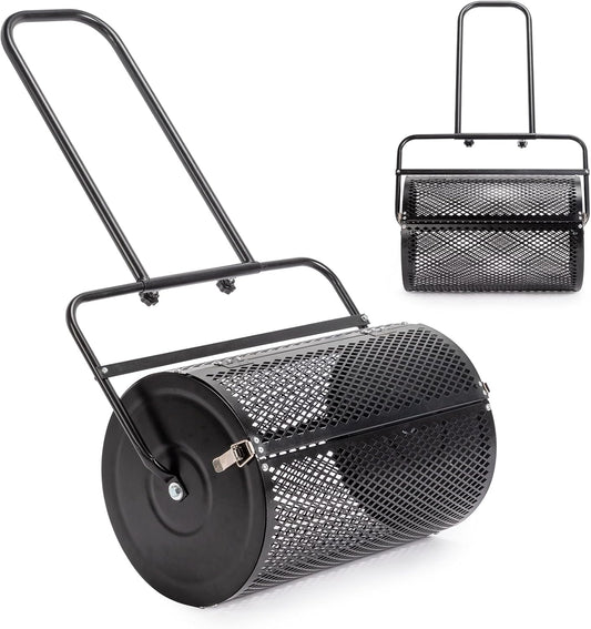 Outvita Compost Spreader and Peat Moss Spreader, 24" Push/Tow-Behind Roller Lawn Spreader with Steel Mesh Basket Garden Spreader for Spreading Manure Mulch Topsoil