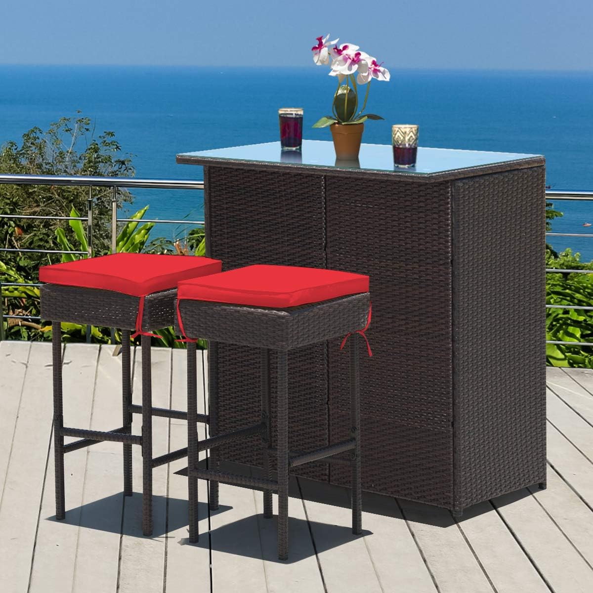 Tangkula Patio Bar Set, 3 Piece Outdoor Rattan Wicker Bar Set with 2 Cushions Stools & Glass Top Table, Outdoor Furniture Set for Patios Backyards Porches Gardens Poolside (Red)