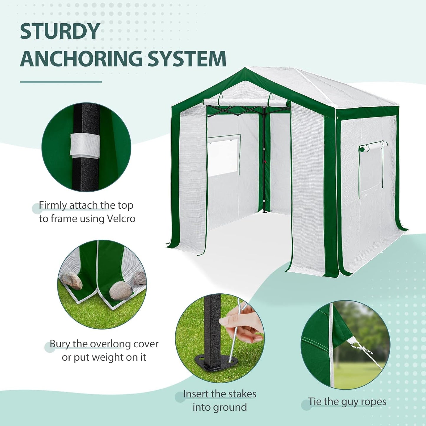 EAGLE PEAK 8x8 Portable Walk in Greenhouse with Polyester Reinforced Corners, Heavy Duty Instant Pop Up Indoor Outdoor Green House, Front Roll Up Zipper Entry Door and Mesh Windows, Green/White