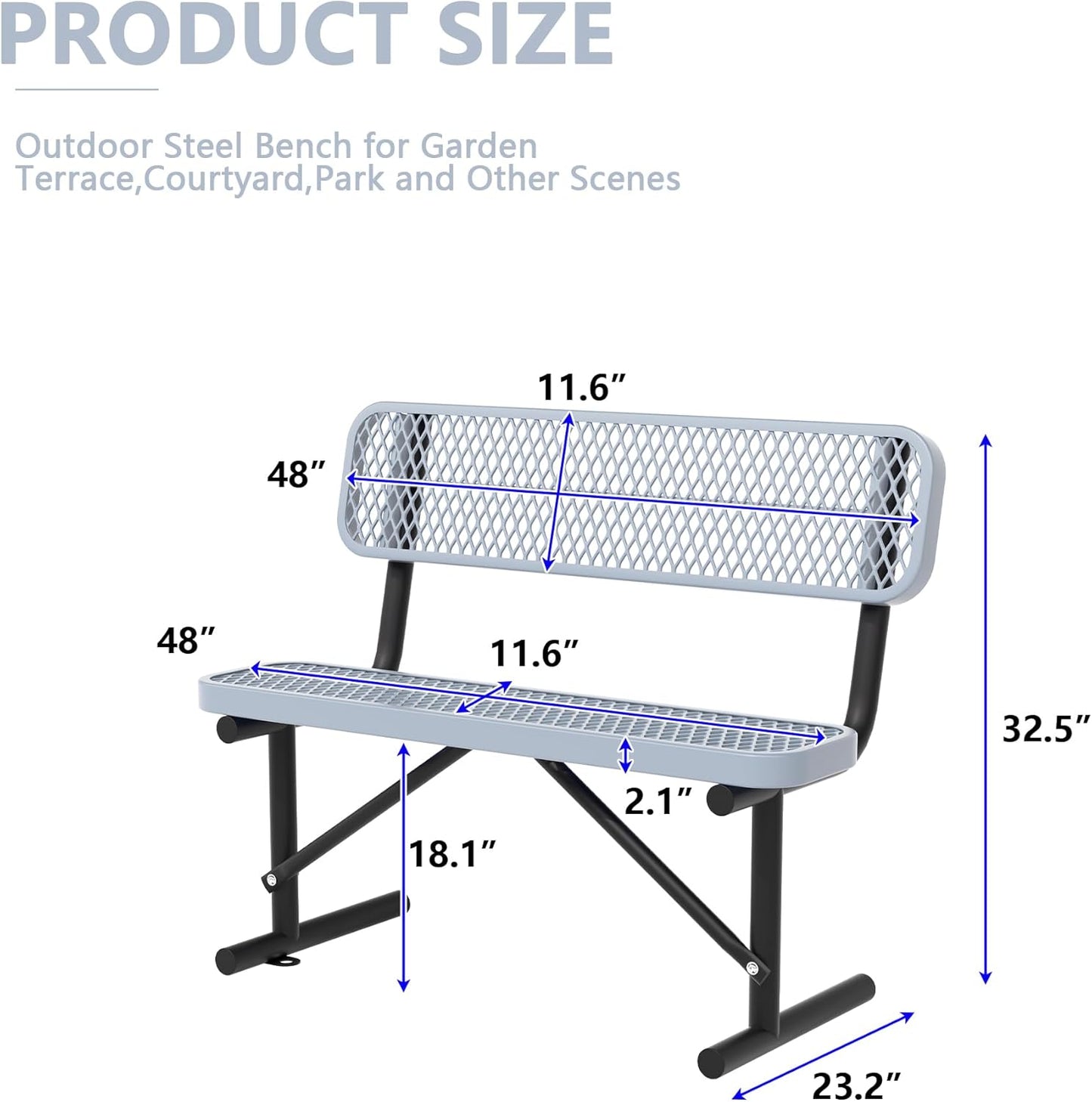 Heavy Duty Park Bench with Back Portable Frame, Outdoor Steel Bench with Backrest, Outdoor Park Bench Expanded Metal Mesh Bench for Lawn, Park, Deck, Garden, Patio, Porch, Black (Gray, 4FT)