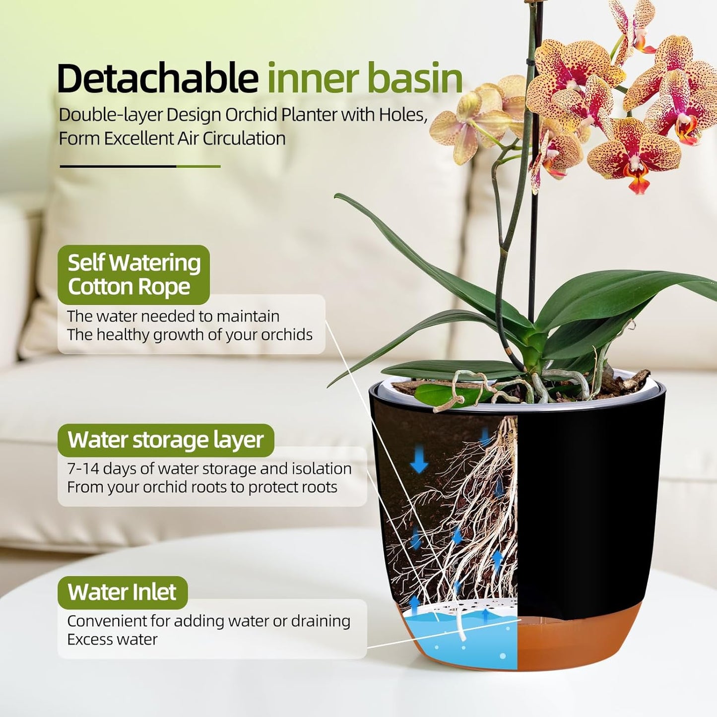 QCQHDU 2 Pack Orchid Pots with Holes for Repotting, Double-Layer and Self Watering Orchid Pot with Good Air Circulation