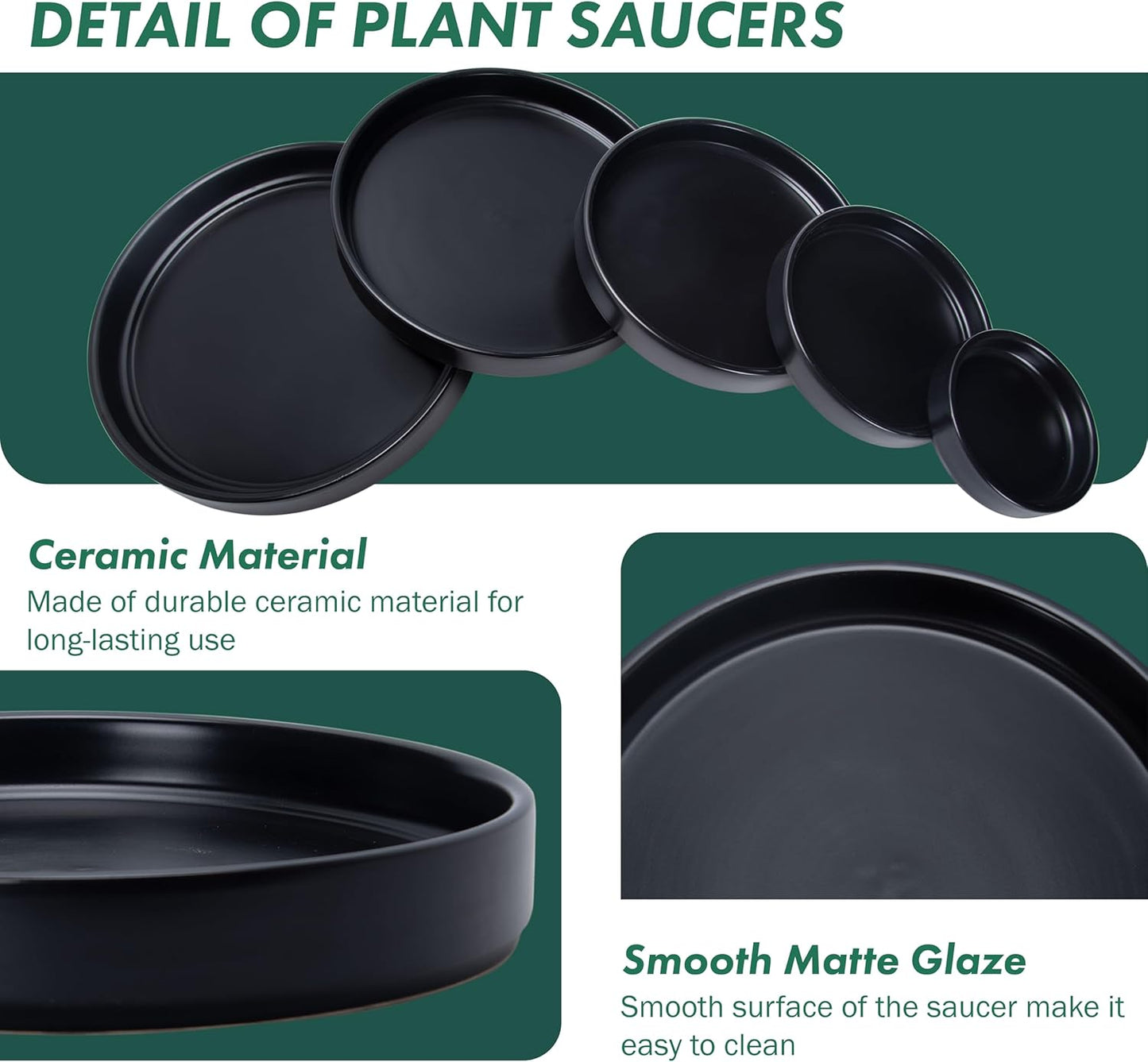 D'vine Dev Modern Round 5.4 Inch Ceramic Plant Pot Saucer, Planter Pot Drainage Tray for Indoor Plants, Matte Black, 97-T-B-2