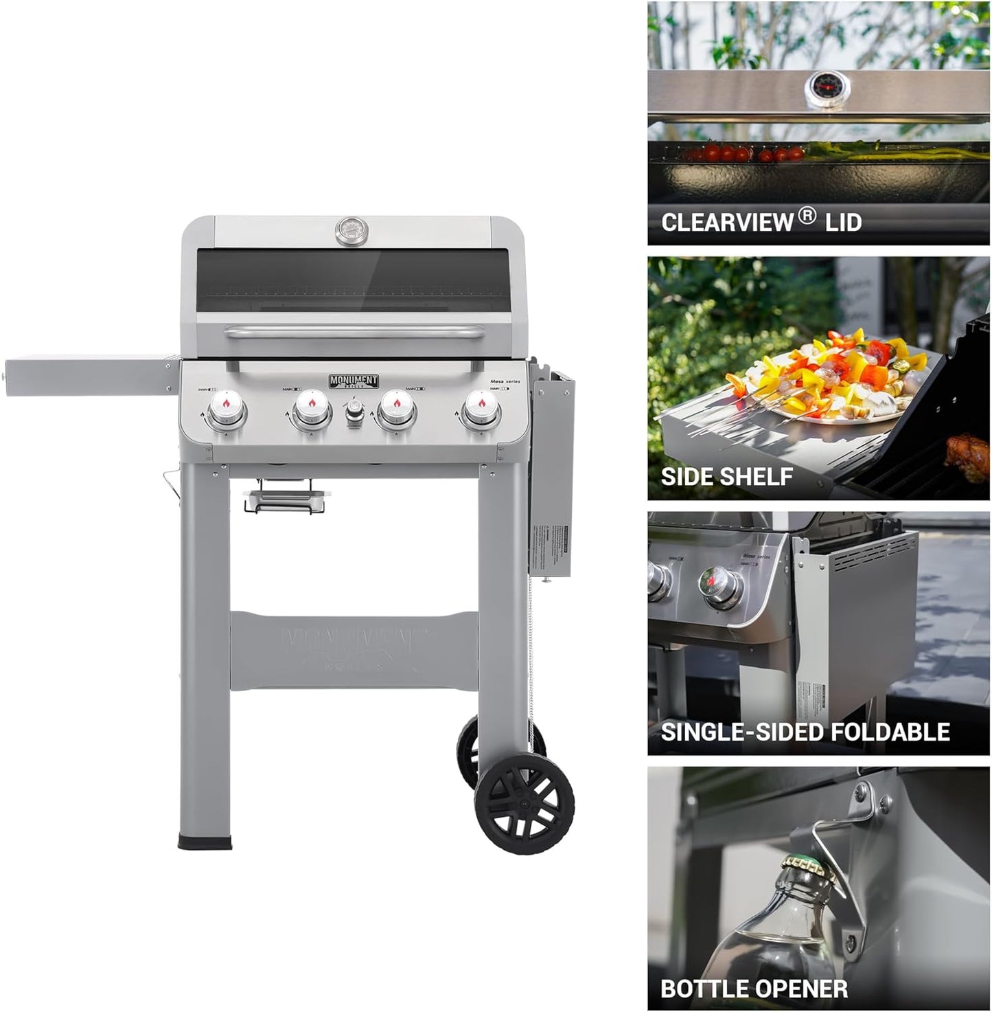 Monument Grills 4-Burner Liquid Propane Gas Grill, Silver Stainless Steel Grill Patio Garden Barbecue Grill with Clearview® Lid and One Foldable Shelf, Mesa400MF with BBQ Cover