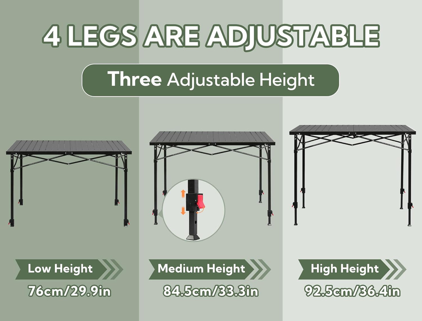 Portable Outdoor Adjustable Height Camping Table, Large for 2-6 Person, Foldable Roll-up Aluminum Camp Table with Carry Bag for Picnic, Camp, Sturdy, Stable, Loads 220 Lbs (Black)