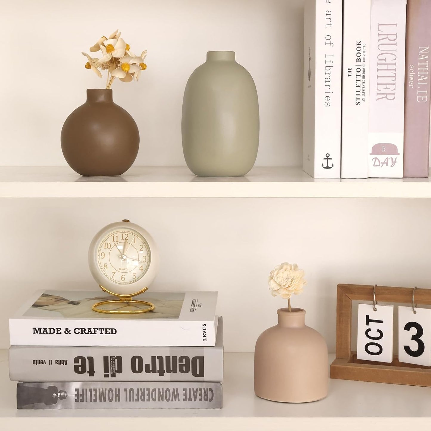 CUCUMI Ceramic Vase Set of 5, Home Decor Farmhouse Décor Handmade Pottery Vases for Pampas Grass, Dried Fresh Flowers, Table, Living Room, Kitchen, Shelf, Entryway Mantel Neutral Tones