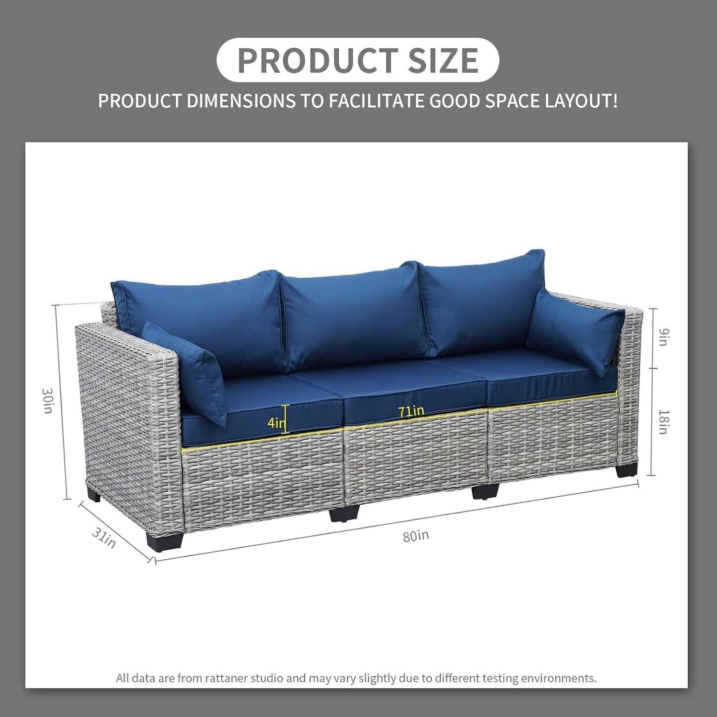 Rattaner Outdoor Furniture Outdoor Couch Grey Wicker Patio Furniture 3-seat Sofa Deep Seat Hight Backrest with Waterproof Cover and Anti-Slip Cushions, Navy Blue