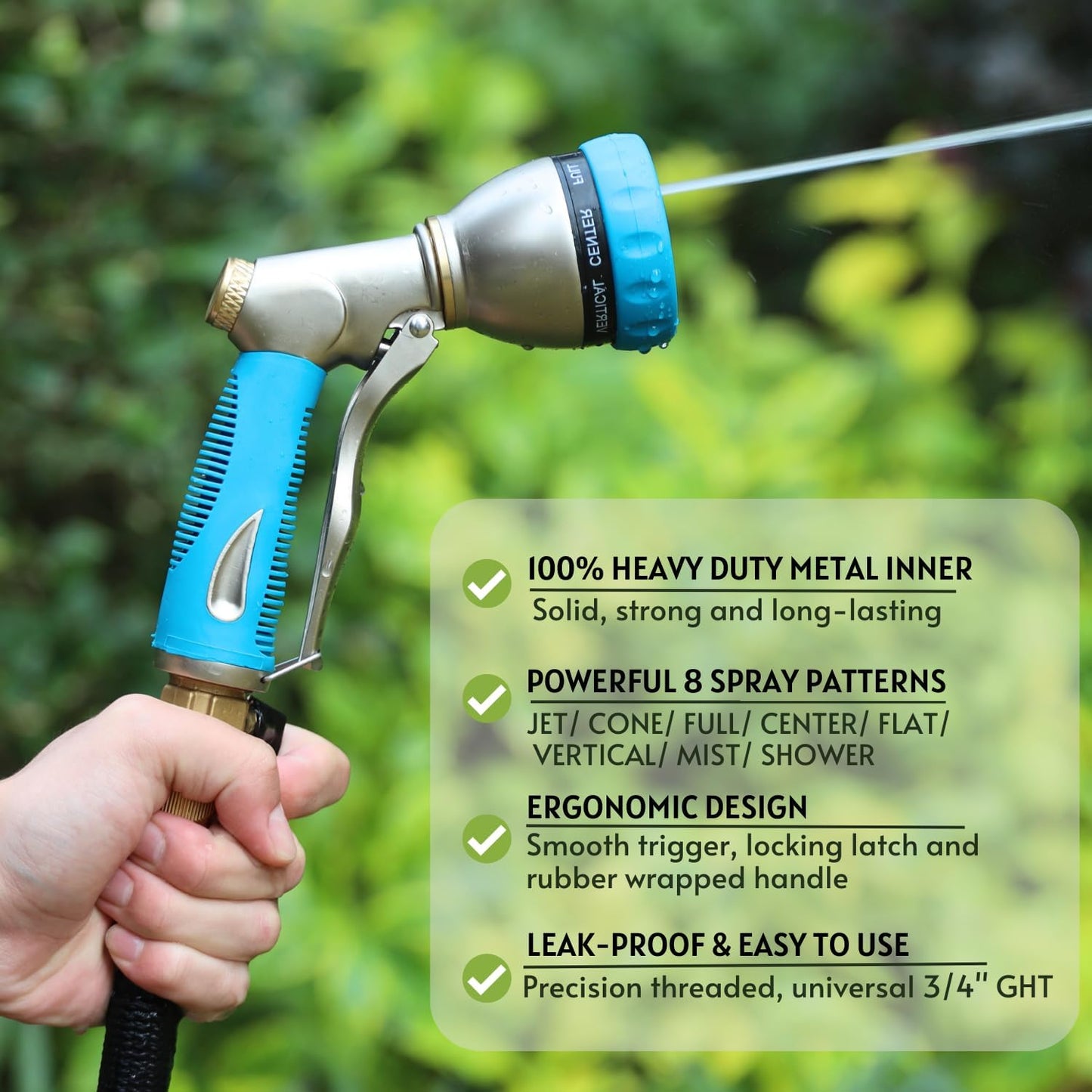 HOSUN Garden Hose Nozzle Sprayer Heavy Duty, 100% Metal Water Hose Nozzle with 8 Spray Patterns, High Pressure Hose Spray Nozzle with Non-Slip Grip for Watering Plant & Lawn, Washing Car & Pet, Blue