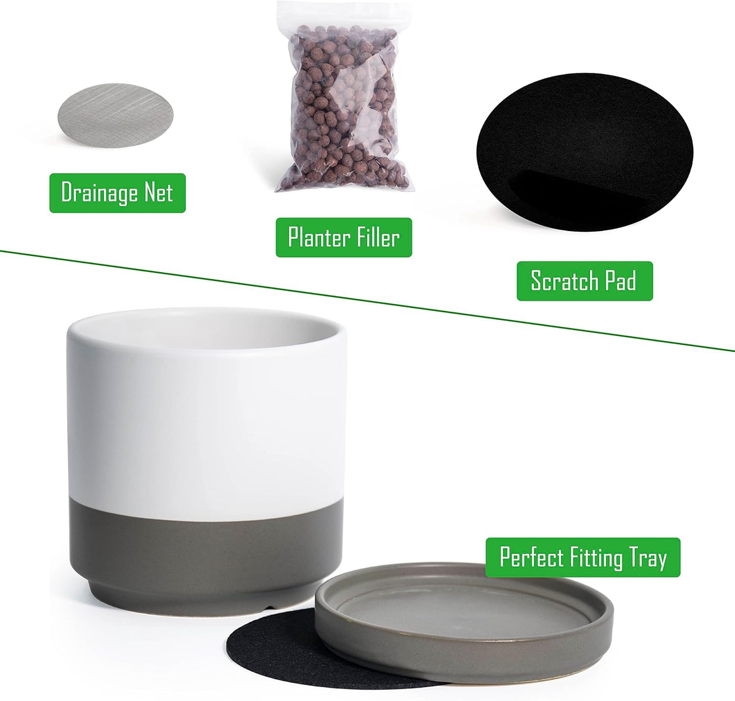 D'vine Dev 4.6 Inch & 6 Inch Ceramic Planter Pots for Plants with Drainage Hole and Saucer, Small Plant Pots Set, White/Speckled Grey, 94-G-S-6