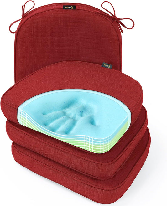 SUNROX Gel Memory Foam Chair Cushions, FadeShield Water-, Stain-Resistant Durable Reversible Seat Cushion Pads with Ties for Indoor/Outdoor Kitchen Dining Office 17"x16" Set of 4, Burgundy