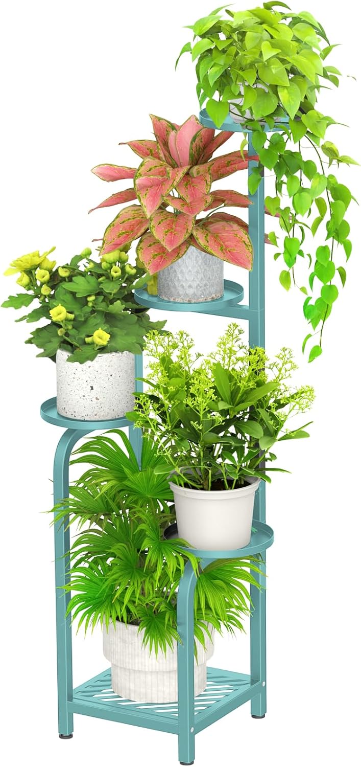 TOSKING 5 Tier Tall Plant Stand Indoor Outdoor, Heavy Duty Corner Shelf for Plants & Decor, Space Saving 3.9FT Metal Flower Pot Stand for Balcony, Garden, Living Room, Patio (Blue, 47in)