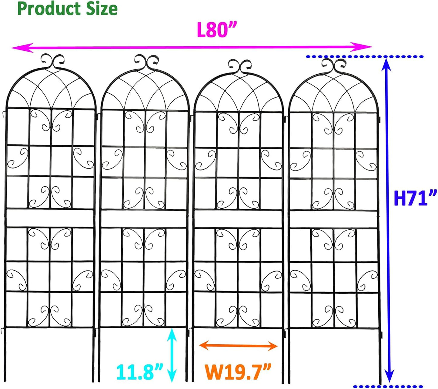 4 Pack Metal Garden Trellis 71" x 19.7" Black Fence Rustproof Garden Trellis for Climbing Plants Support Roses Flower Outdoor Lawn, Black