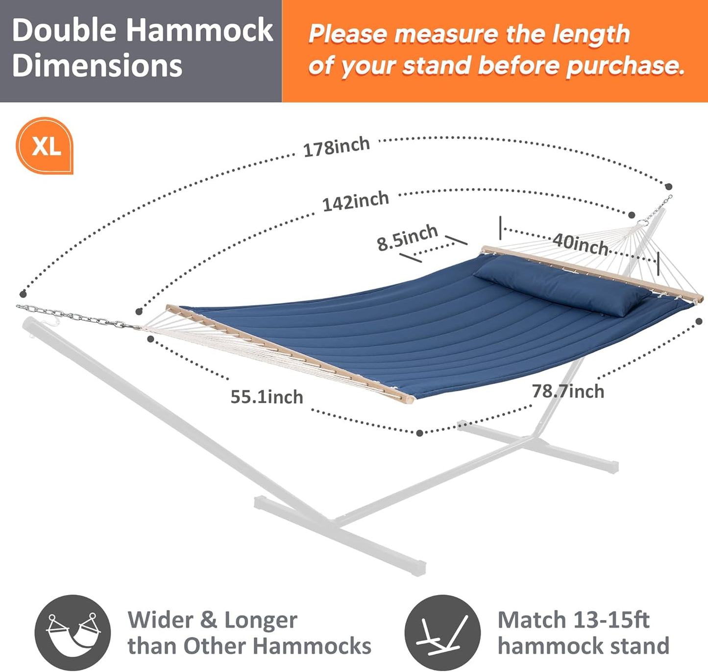 SUNCREAT Double Outdoor Hammock with Hardwood Spreader Bar, Extra Large Pillow, 475 lbs Capacity, Heavy Duty 2 Person Hammock, Blue