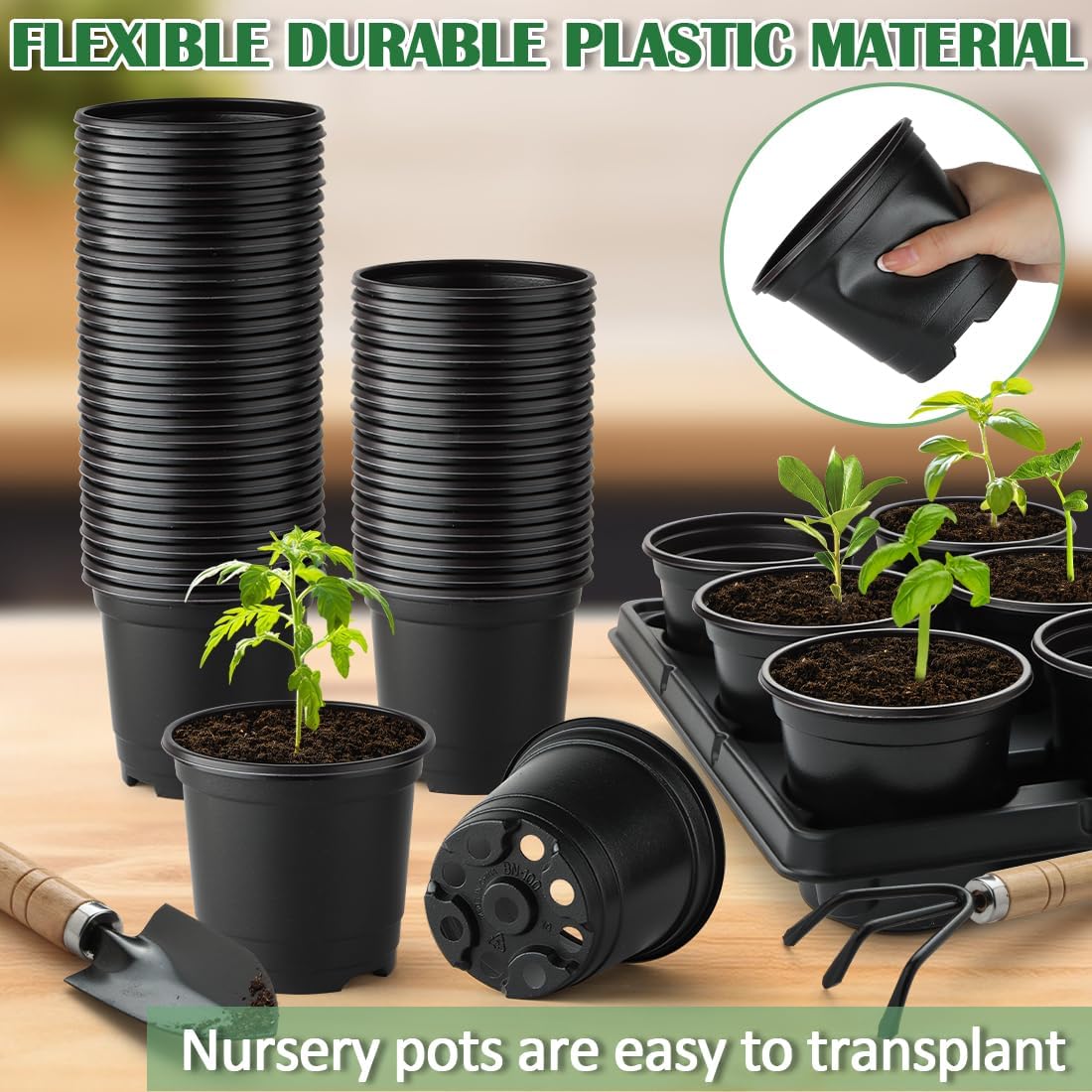 4 Inch Plastic Plant Pots 60 Pcs and 12 Cell Nursery Pots Trays 5 Pcs, Thick Sturdy Seeds Starting Germination Shuttle Carrying Trays, Black Small Planter Nursery Propagation 5 Sets