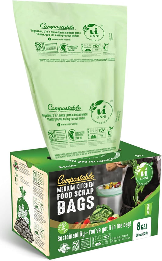 UNNI Compostable Trash Bags, 8 Gallon / 30 Liter, 200 Count Value Pack, Extra Thick 0.85 mil Medium Kitchen Food Scrap Bin Liners, BPI, CMA & OK compost HOME Certified (Meets ASTM D6400)